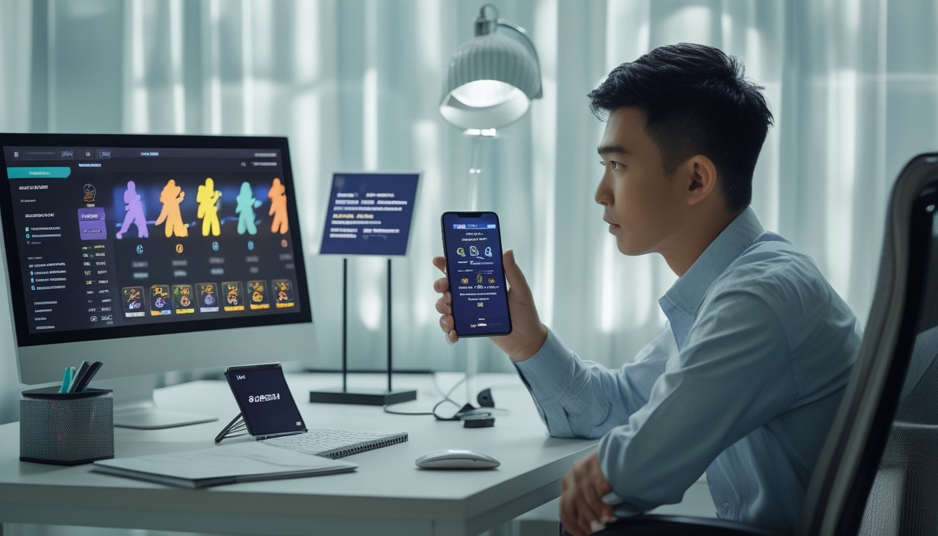 Seorang dewasa Indonesia meninjau antarmuka esports dan pembayaran digital di meja kerja.