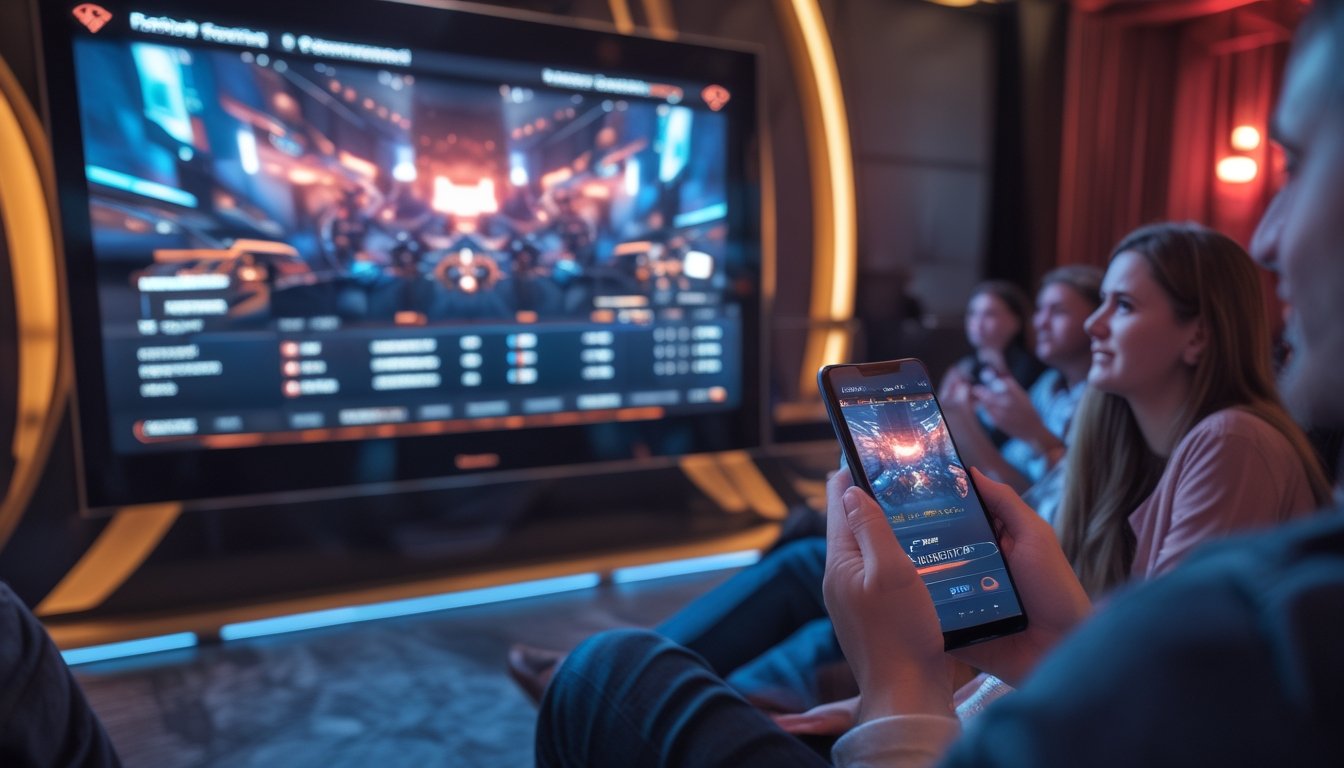 Penggemar esports menyaksikan pertandingan gim taktis di layar besar sambil menggunakan ponsel.