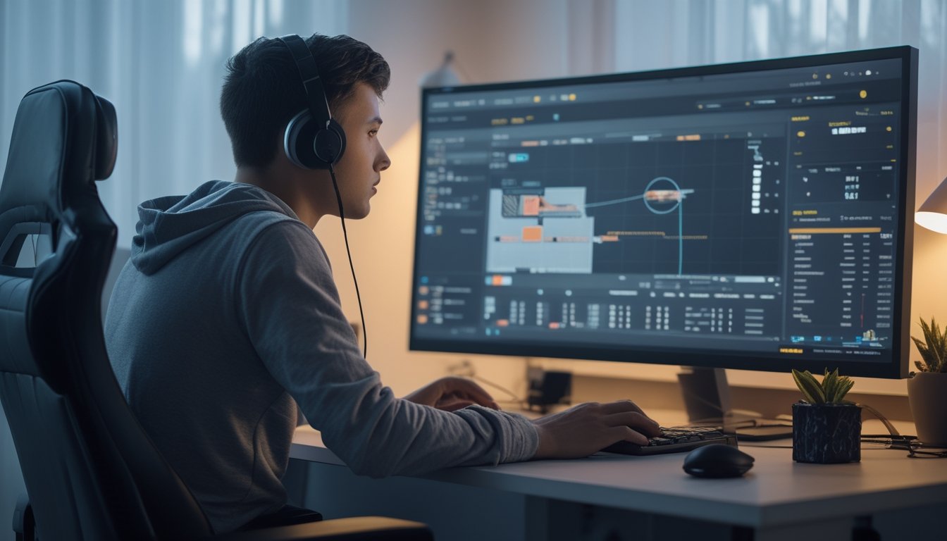 Seseorang menganalisis pertandingan esports dan grafik di depan komputer.