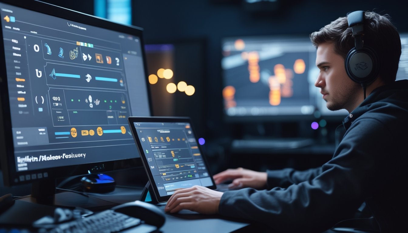 Seorang analis esports membandingkan statistik pertandingan dan pilihan pasaran di beberapa layar.