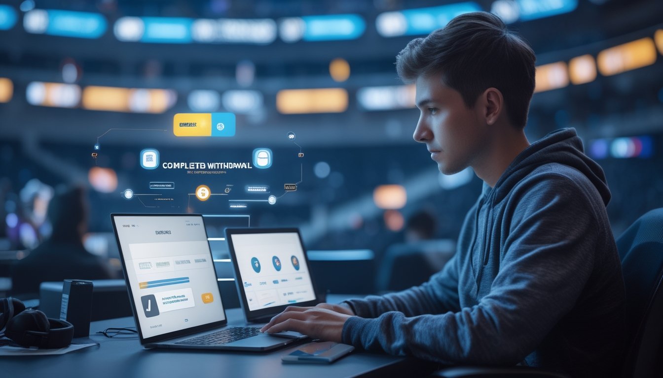 Seorang penggemar esports menggunakan laptop dan ponsel di meja.