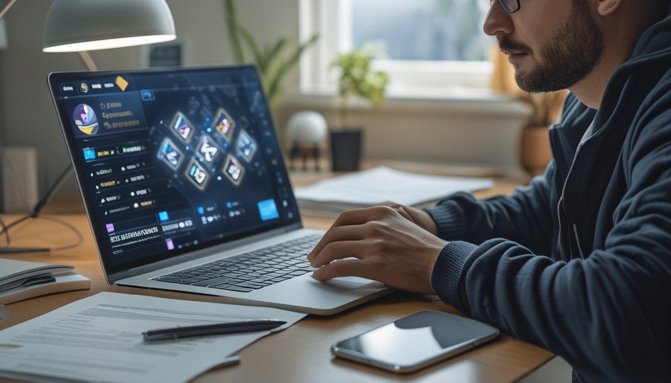Seorang penggemar esports meninjau dokumen dan transaksi di meja kerja.