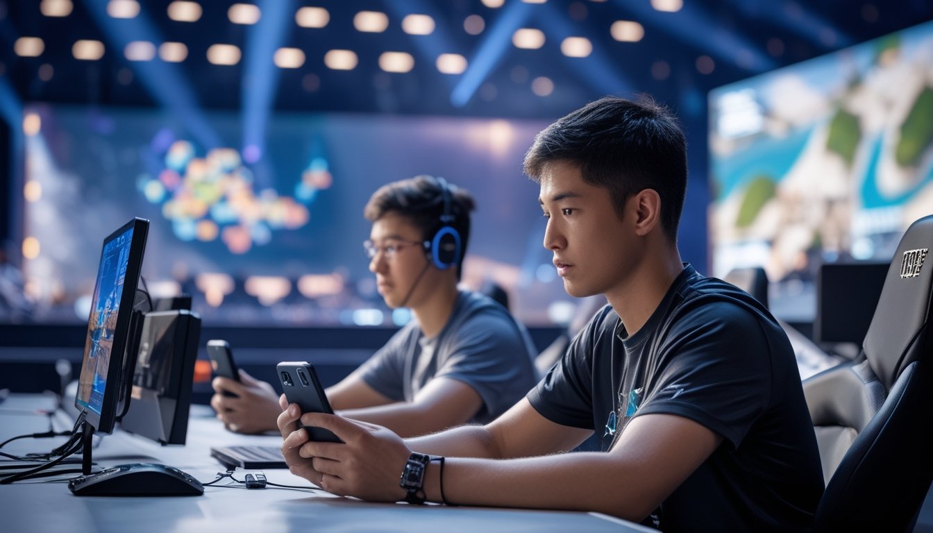 Dua pemain esports bertanding menggunakan ponsel di arena turnamen.