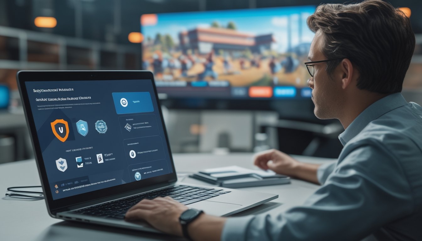 Seorang analis memeriksa keamanan platform esports di depan laptop dengan latar arena turnamen.