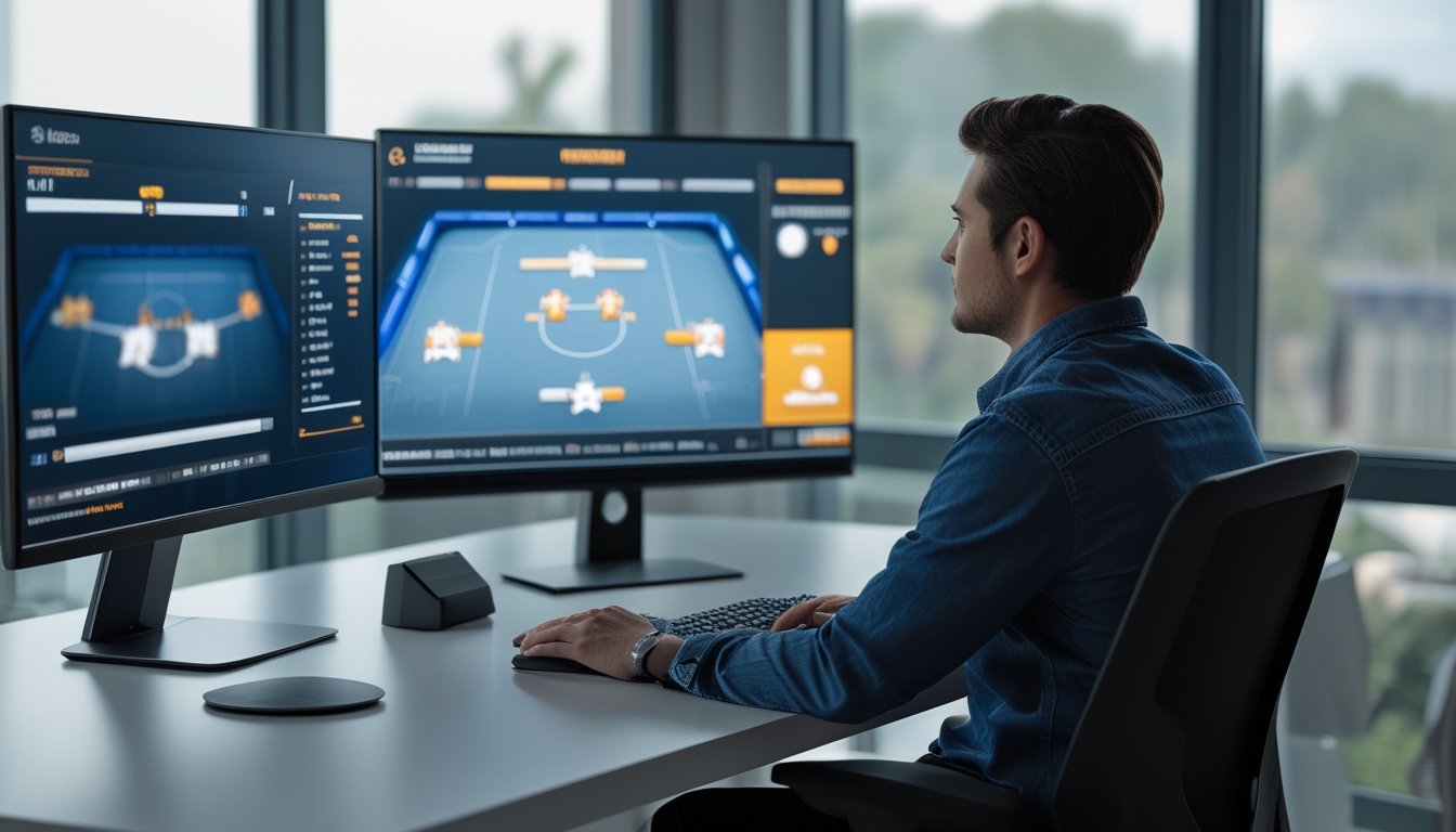 Seorang penonton esports melihat pertandingan di monitor sambil membandingkan ikon tim dan grafik sederhana di tablet.