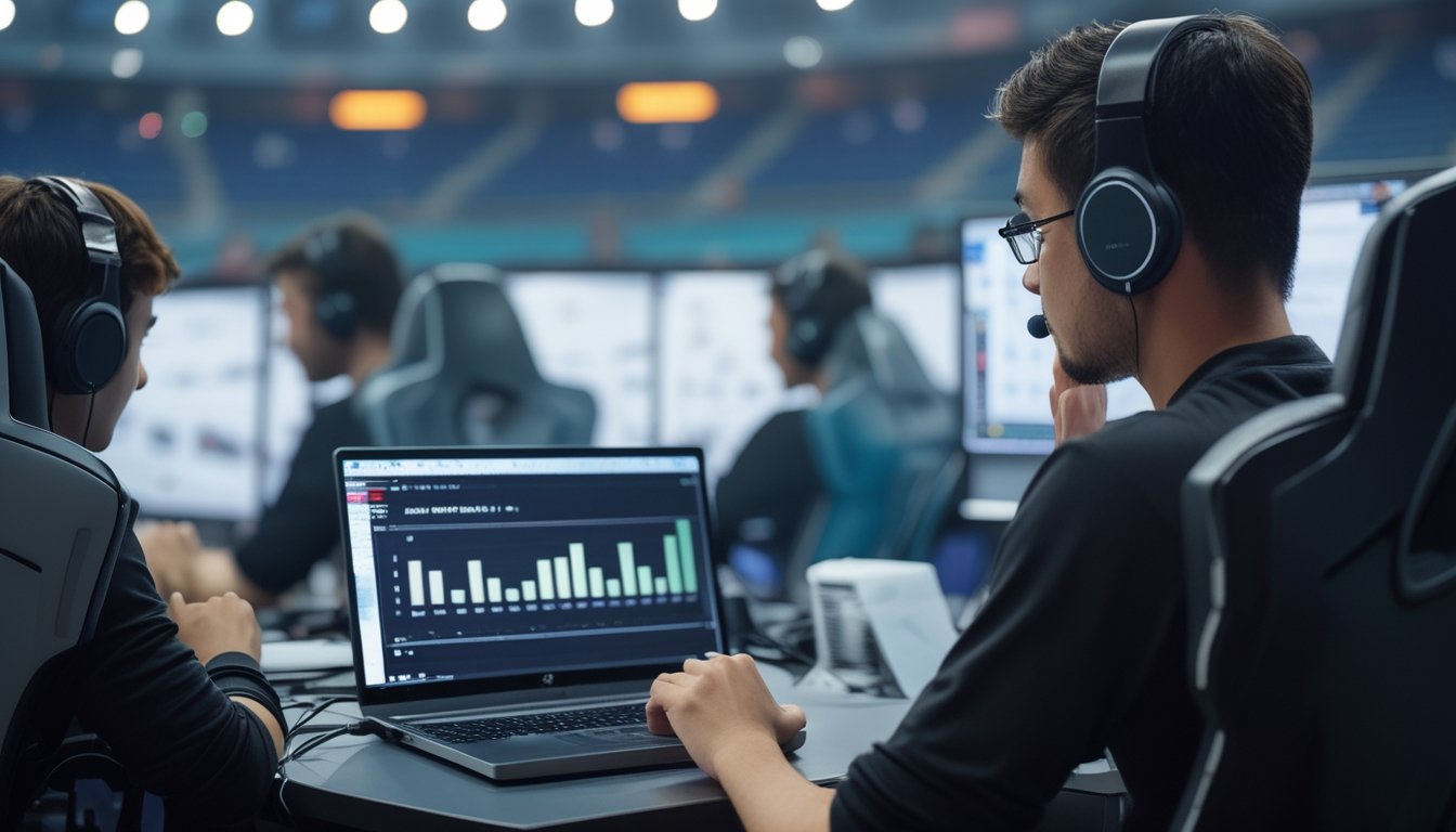 Seorang analis mengamati statistik pertandingan esports saat dua tim bertanding di depan komputer.
