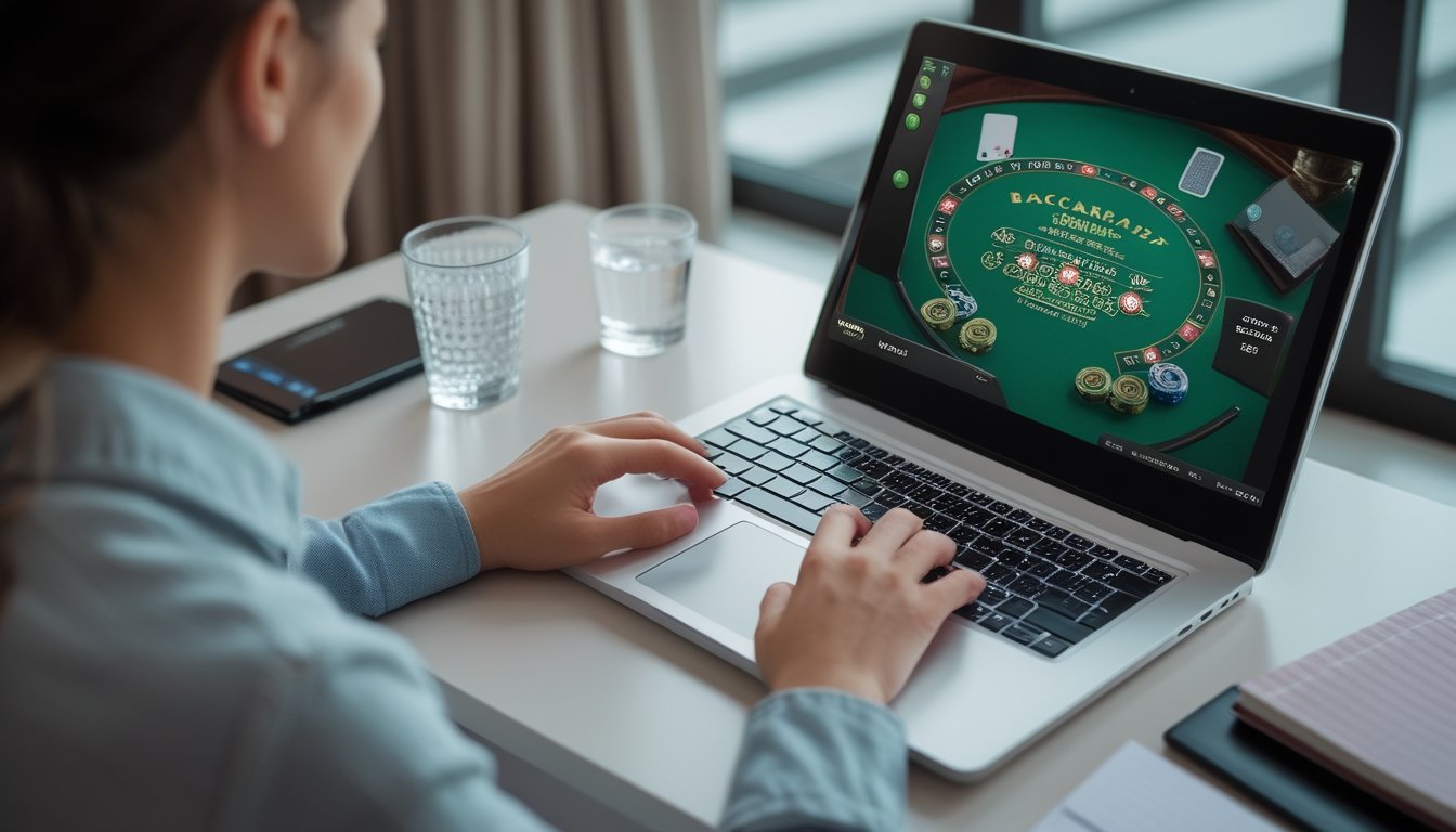 Seorang pemula mempelajari permainan baccarat melalui laptop di meja yang rapi.