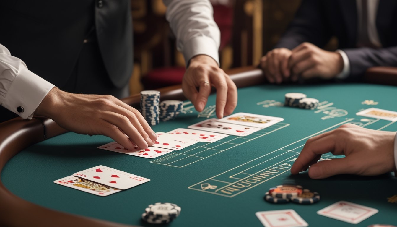 Seorang dealer membagikan kartu baccarat di meja dengan beberapa keping chip.