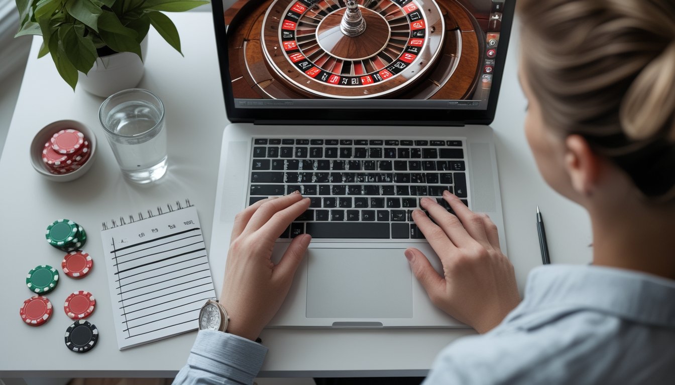 Seseorang mempelajari permainan roulette di laptop dengan beberapa keping taruhan di meja.
