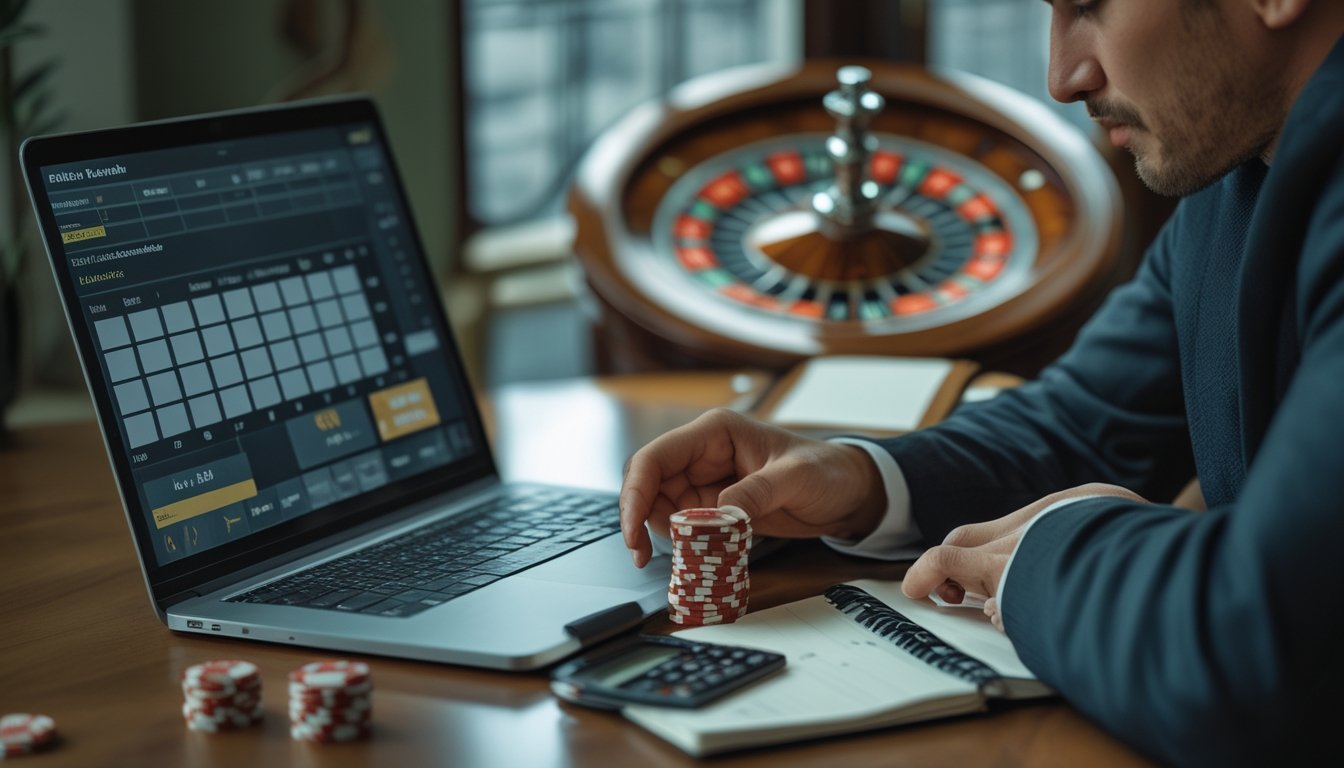 Seseorang mengatur sejumlah kecil chip di meja sambil melihat permainan roulette di laptop.