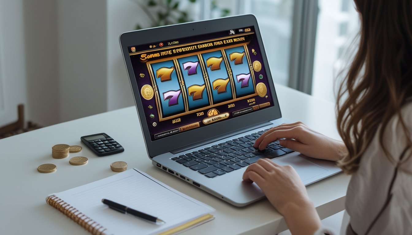 Seseorang mengatur anggaran di meja sambil melihat permainan kasino di laptop.