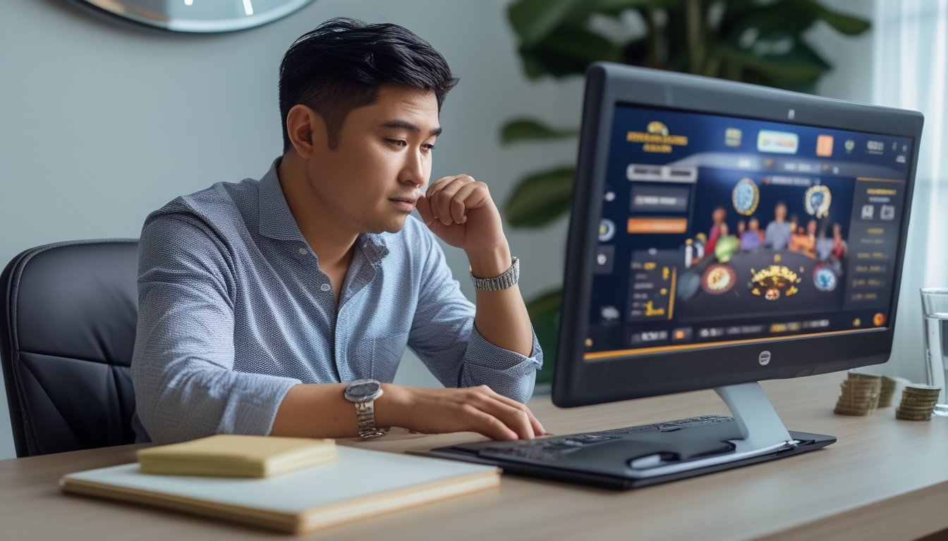 Seorang pria meninjau anggaran dan waktu bermain di depan laptop.