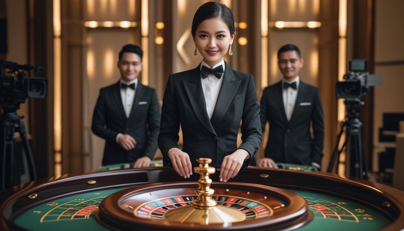 Dealer kasino Indonesia berdiri di belakang meja roulette di dalam kasino.