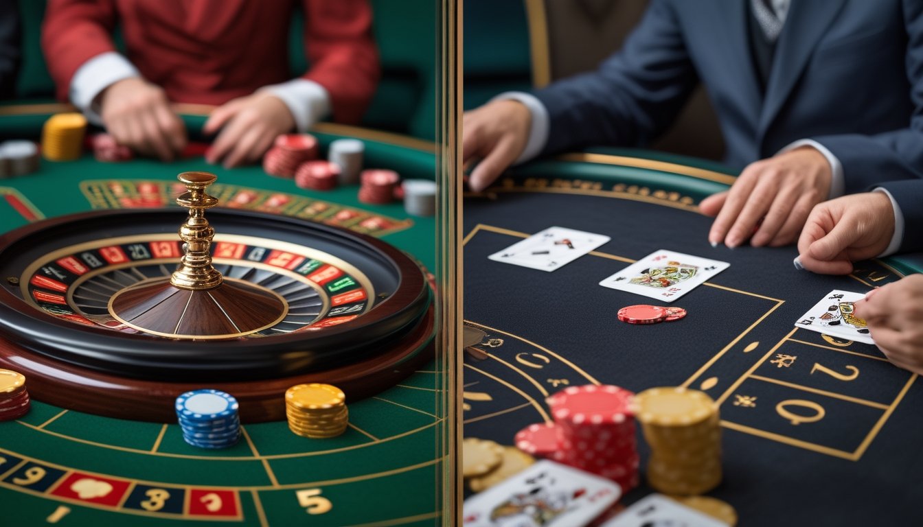 Meja roulette dan meja baccarat berdampingan di dalam kasino.