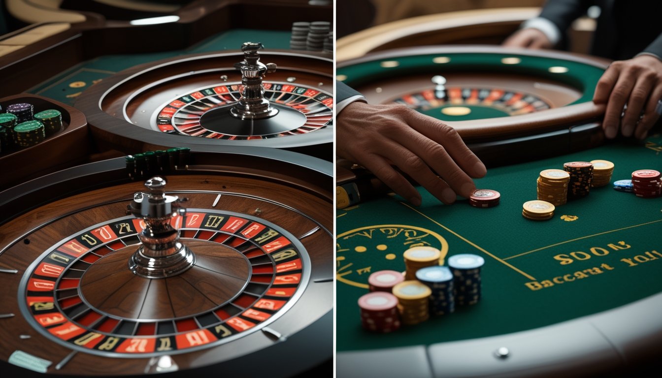 Seorang pemain mempertimbangkan roulette dan baccarat di meja kasino.