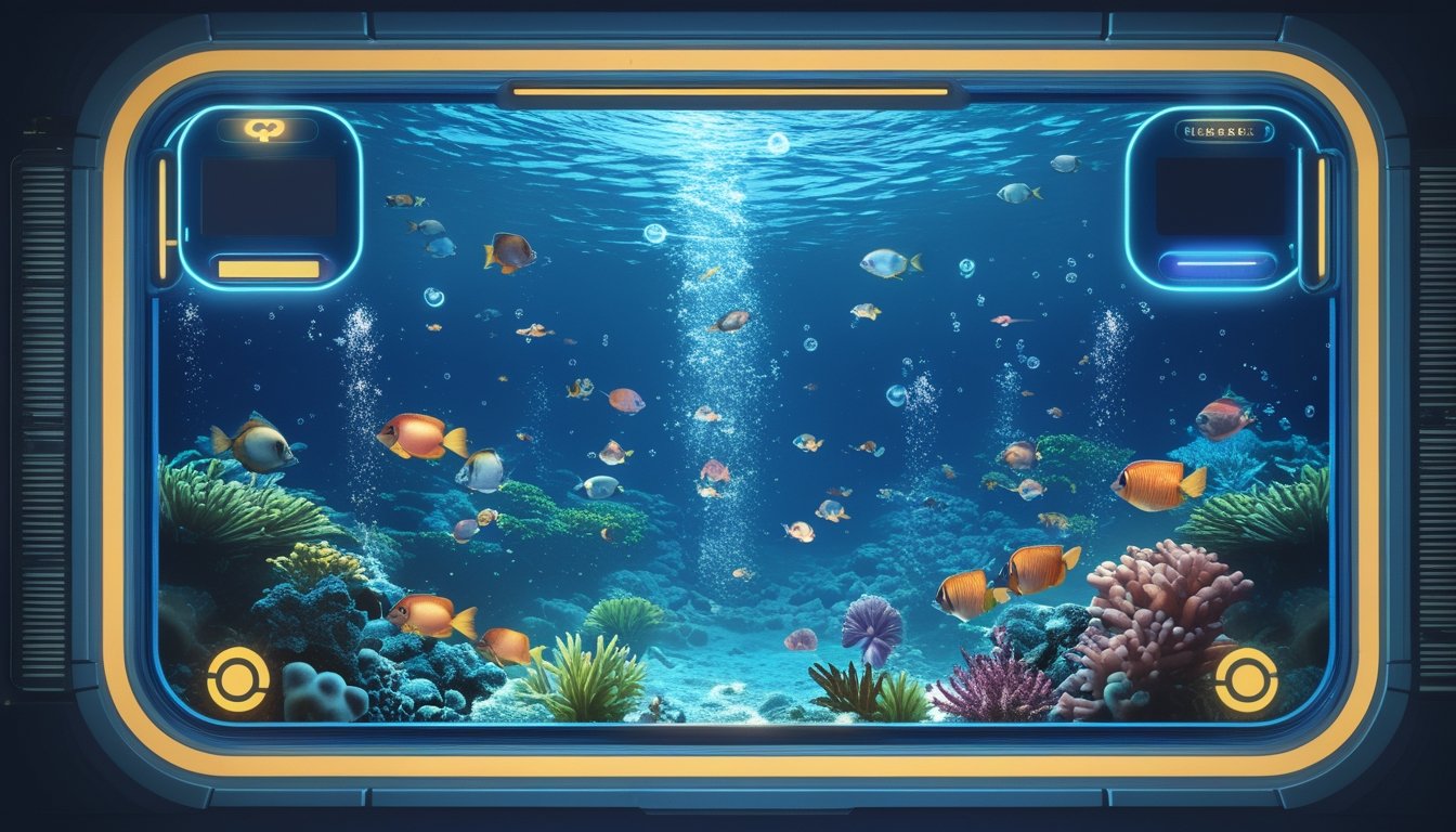 Ikan-ikan tropis berenang di antara terumbu karang dalam suasana permainan bawah laut.
