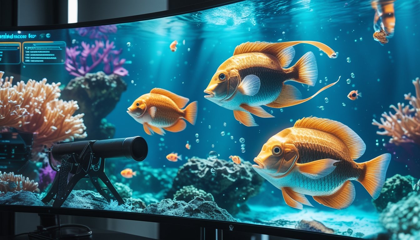 Layar monitor menampilkan ikan berwarna-warni di bawah laut.