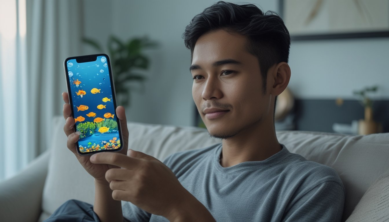 Seseorang bermain game tembak ikan di ponsel sambil duduk santai di rumah.