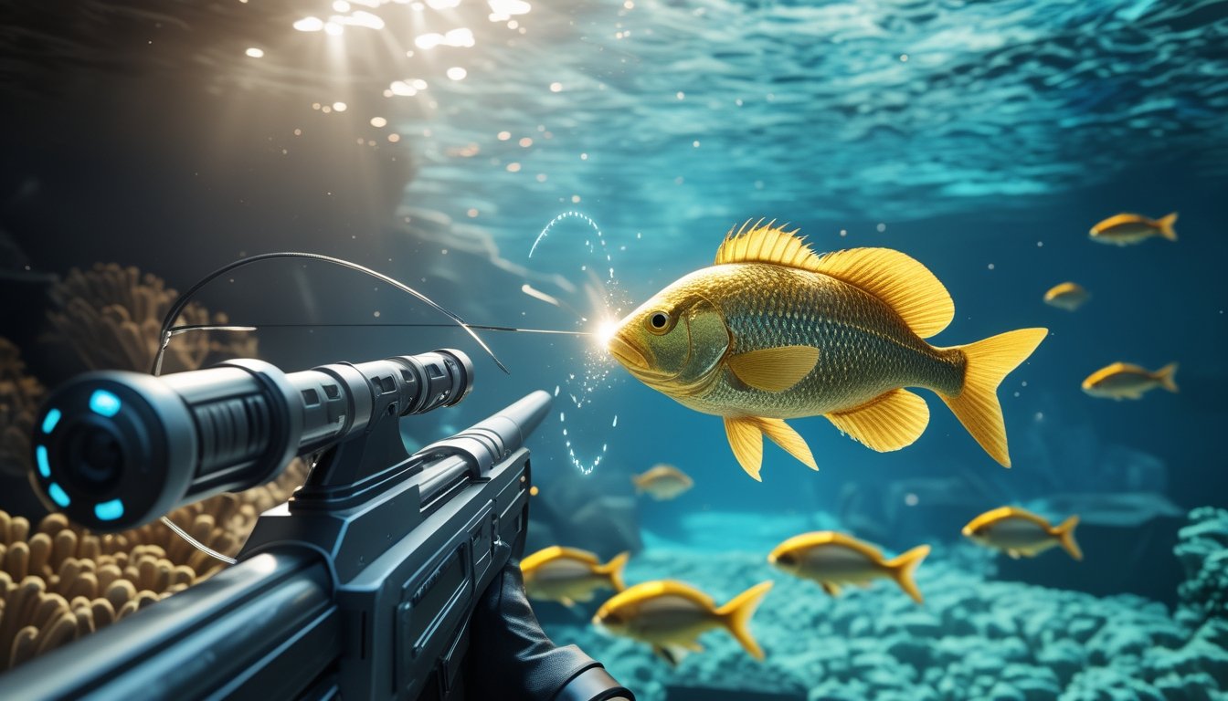 Senjata harpun mengarah ke sekumpulan ikan berwarna-warni di bawah laut.