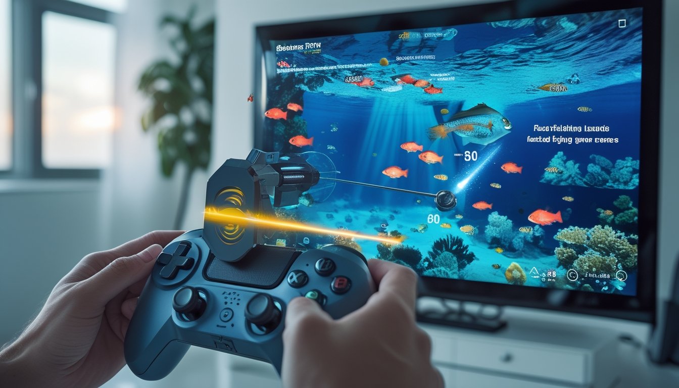 Seseorang memainkan game memancing bawah laut dengan pengendali di depan layar berisi ikan dan terumbu karang.