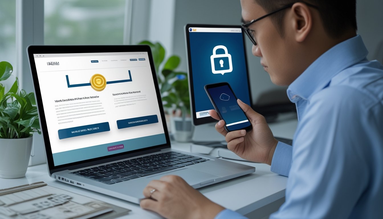 Seseorang memeriksa situs web di laptop sambil memegang ponsel di meja.