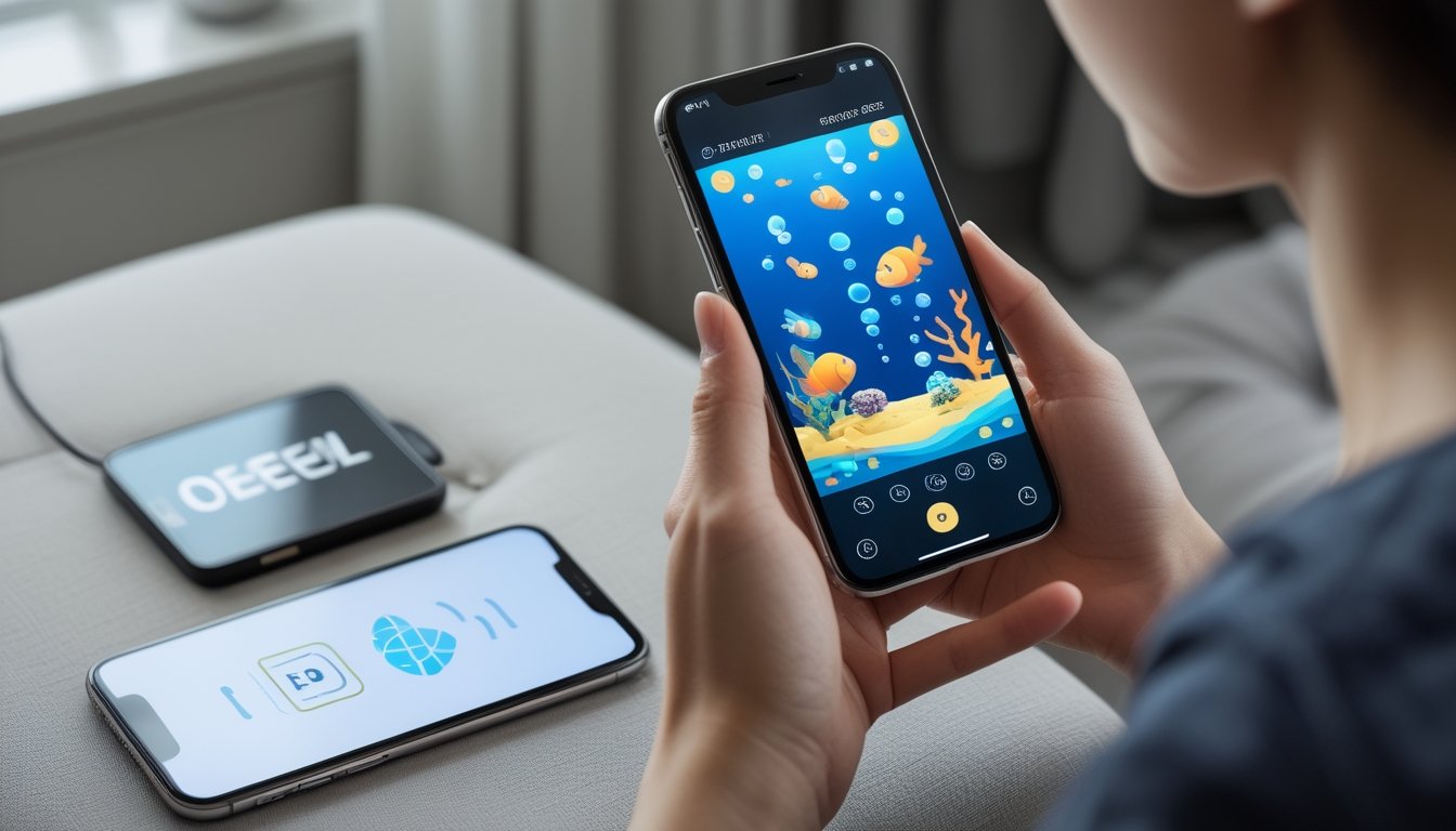 Seseorang bermain gim ikan di ponsel sambil melihat simbol konfirmasi pembayaran digital.