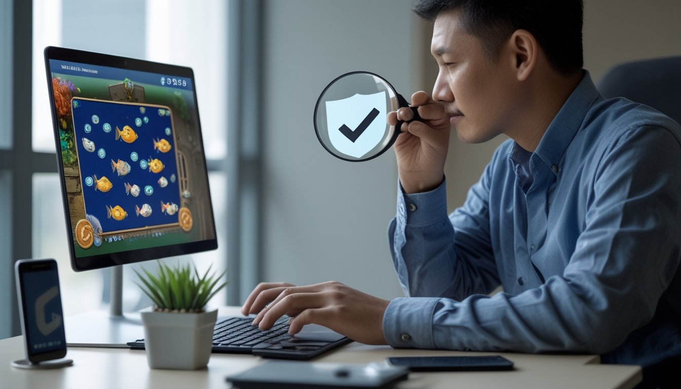 Seseorang memeriksa keamanan permainan ikan daring di laptop dengan kaca pembesar.