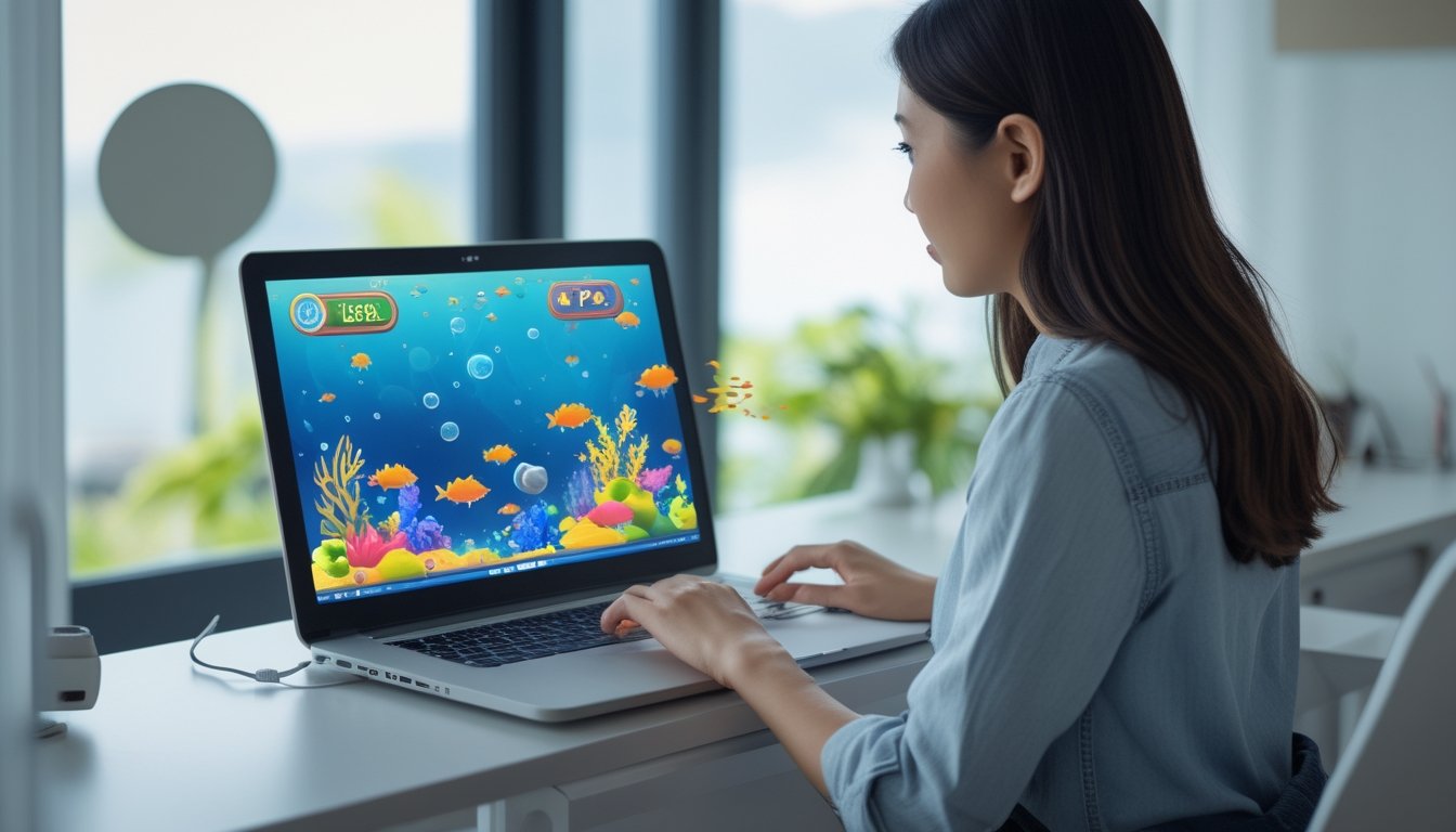 Seorang pria memainkan permainan ikan berwarna-warni di laptop.