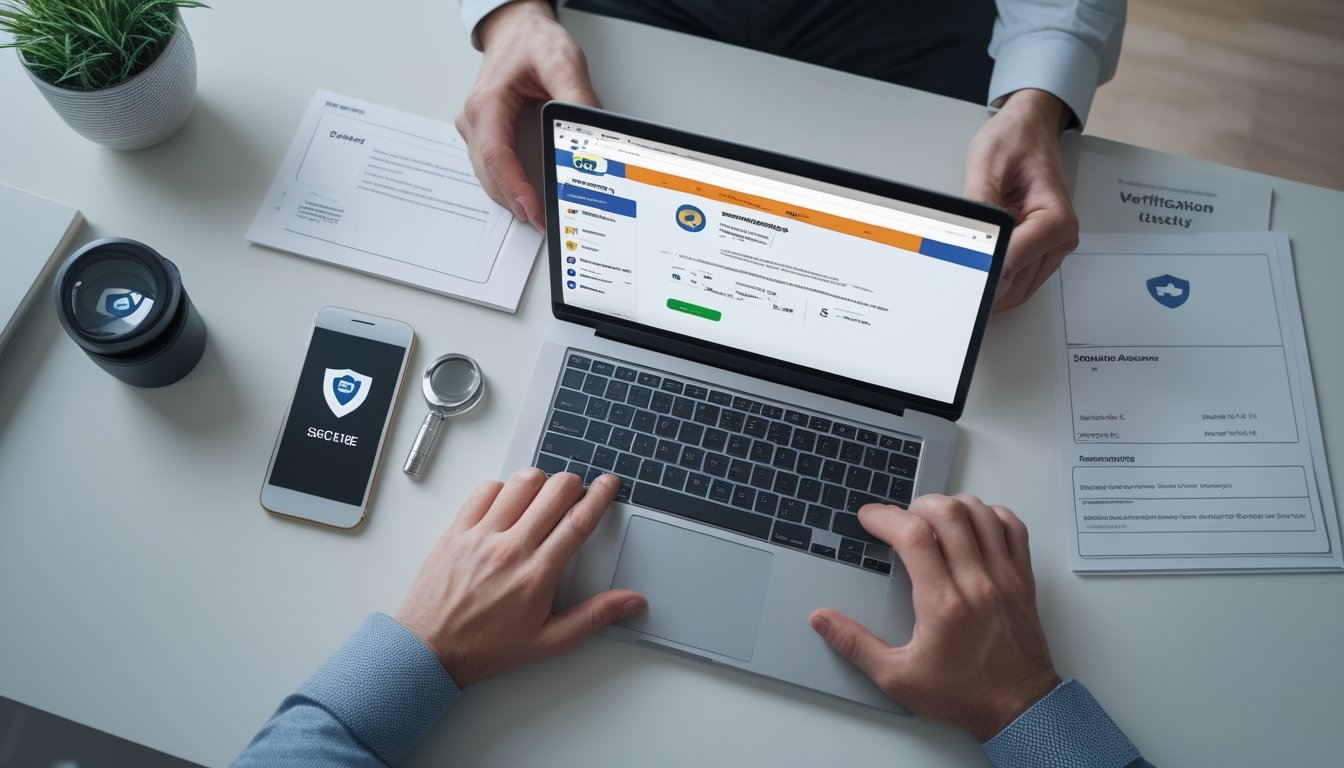 Seseorang memeriksa informasi situs permainan daring di laptop sambil mencocokkannya dengan dokumen dan daftar verifikasi.
