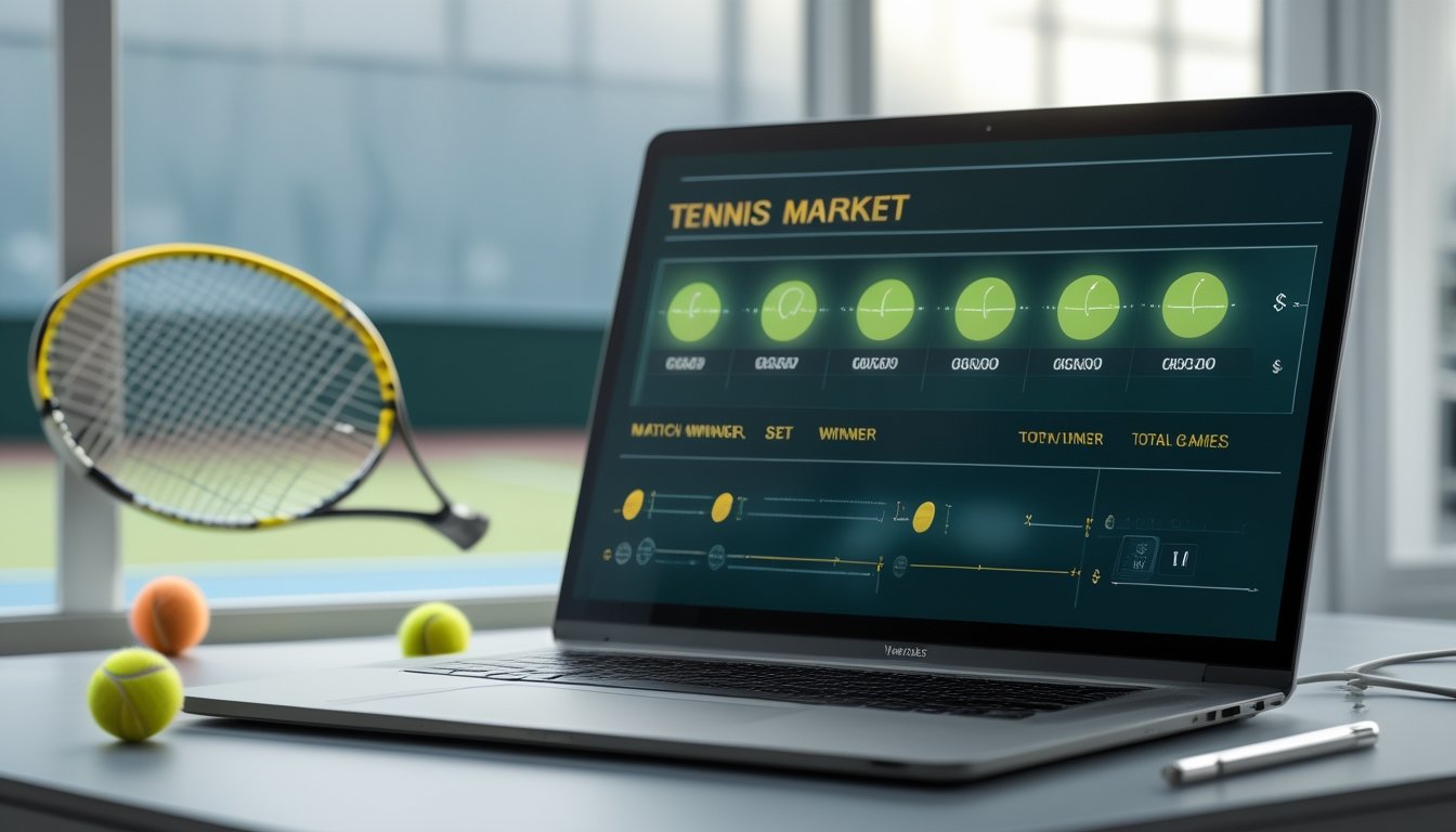 Laptop dengan tampilan antarmuka pertandingan tenis abstrak di samping raket dan bola tenis.