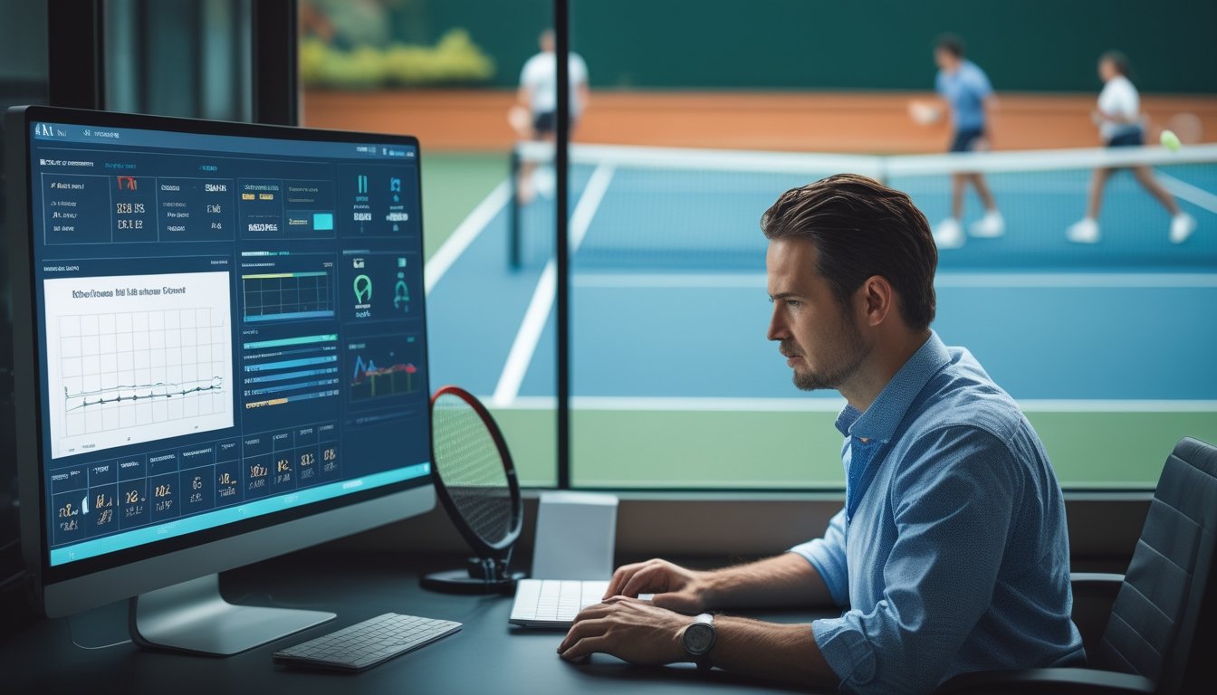 Seorang analis memeriksa statistik pertandingan tenis di meja kerja, dengan raket dan bola tenis di dekatnya.