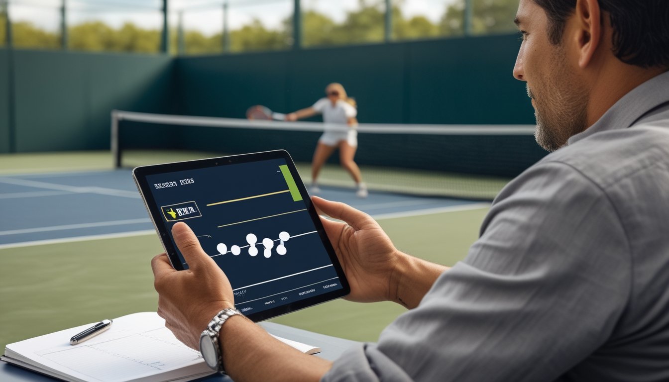 Seorang analis mengamati pertandingan tenis sambil memeriksa data pada tablet.
