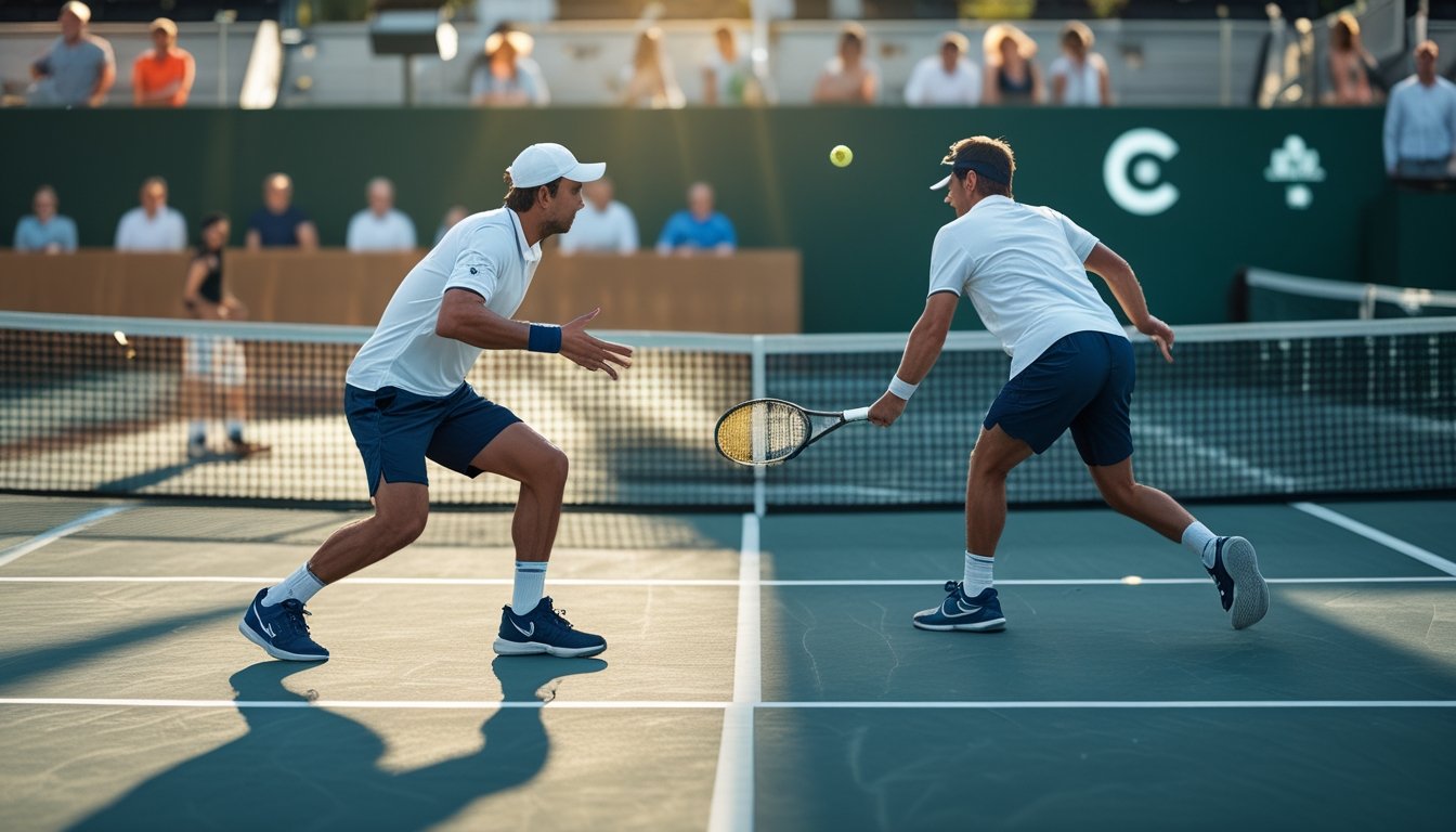 Dua pemain tenis bertanding di lapangan saat salah satu memukul bola melewati net.
