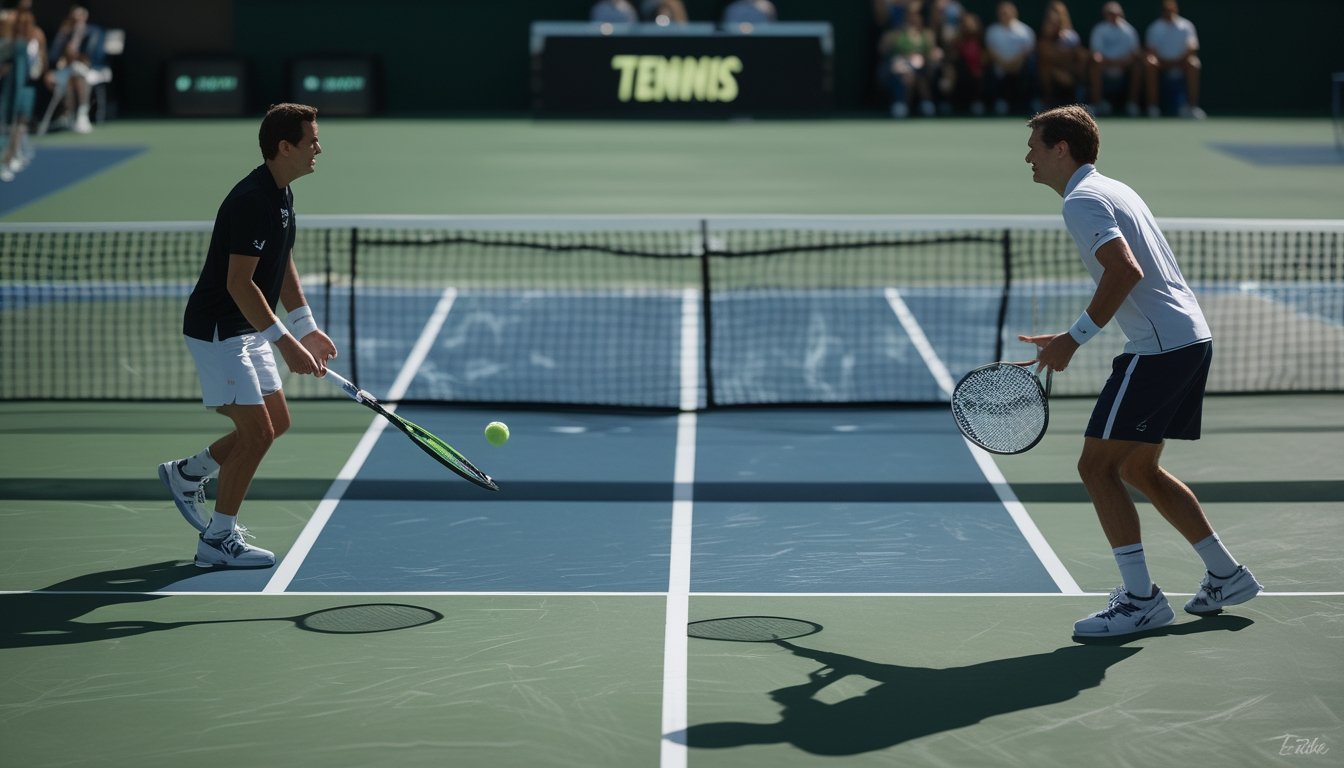 Dua pemain tenis bersiap menghadapi poin penting di lapangan.
