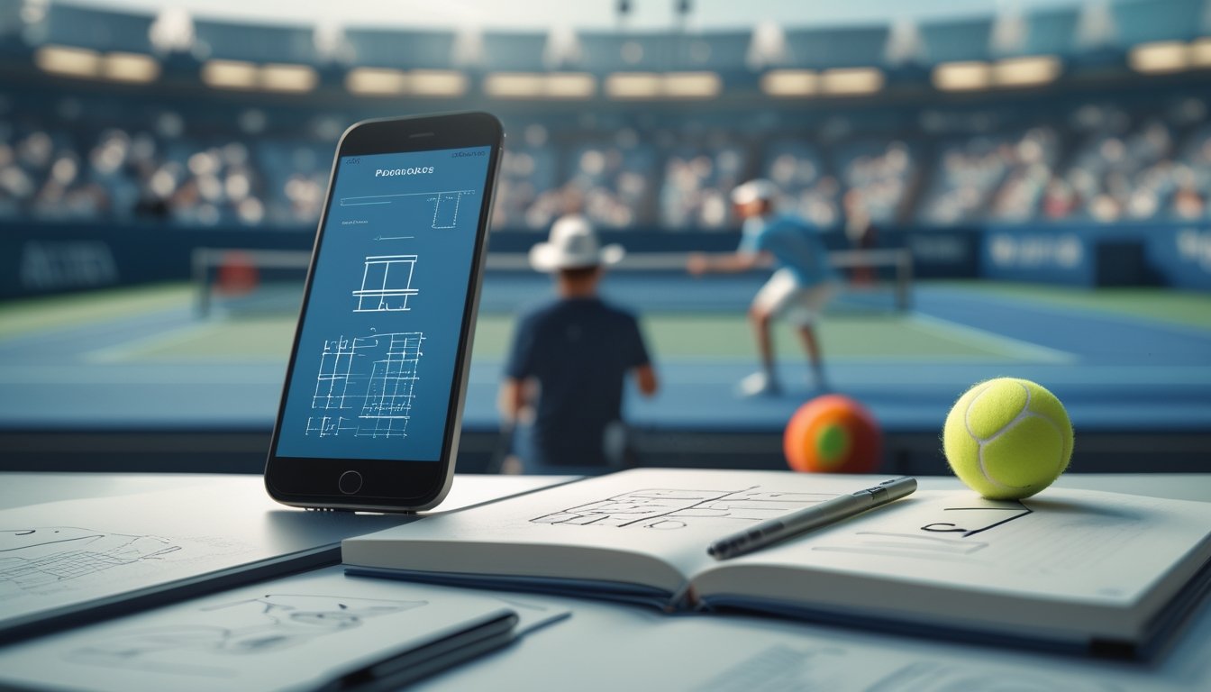 Seseorang mempelajari statistik pertandingan tenis saat dua pemain bertanding di lapangan.