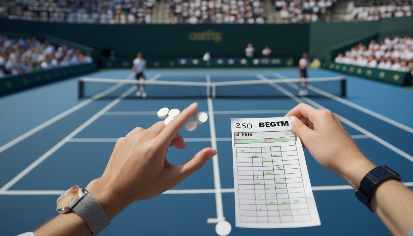Dua pemain bertanding di lapangan tenis, sementara seorang penonton mempelajari kartu skor di dekatnya.