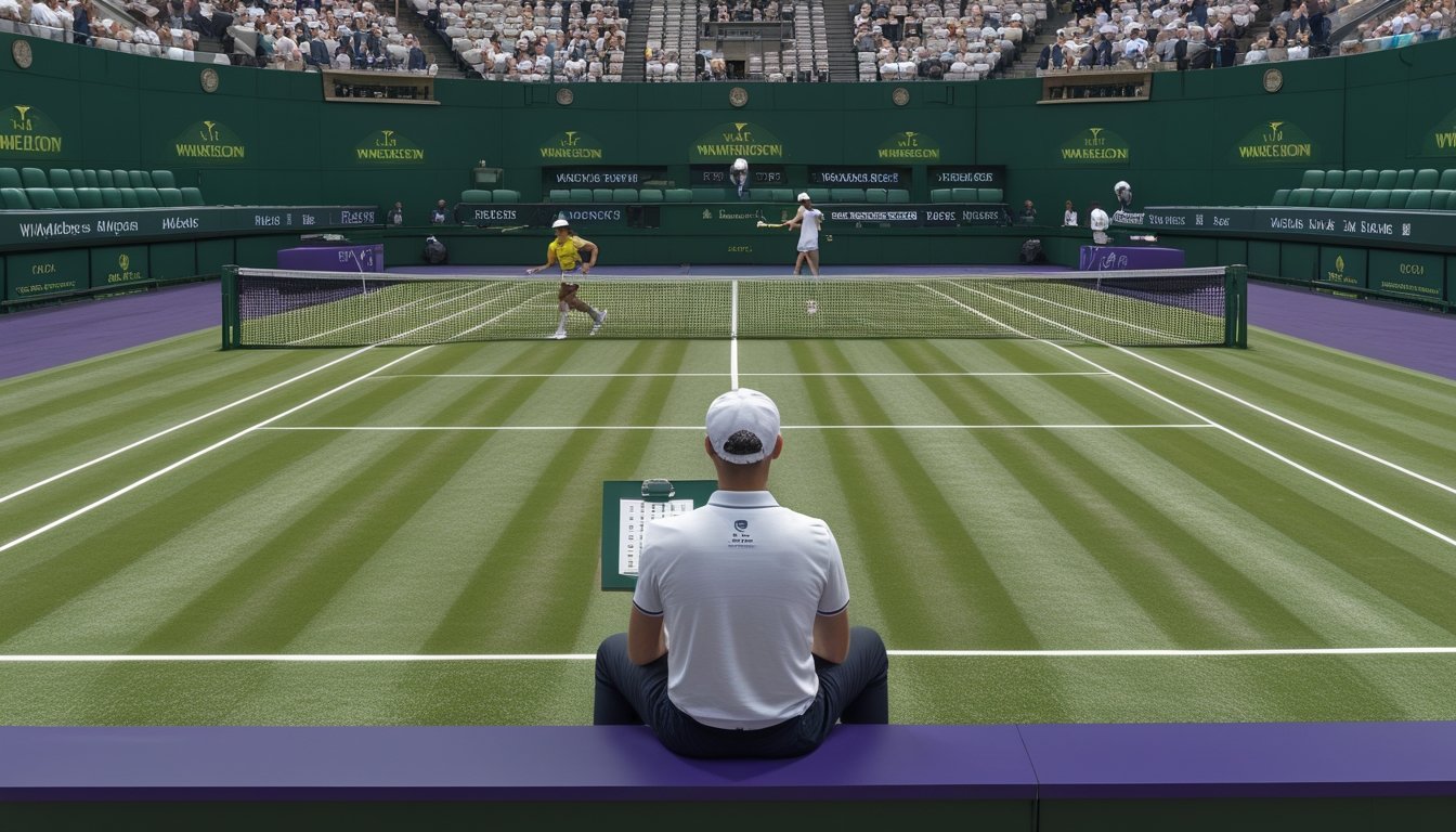 Seorang analis mengamati pertandingan tenis di lapangan rumput sambil memegang papan catatan.