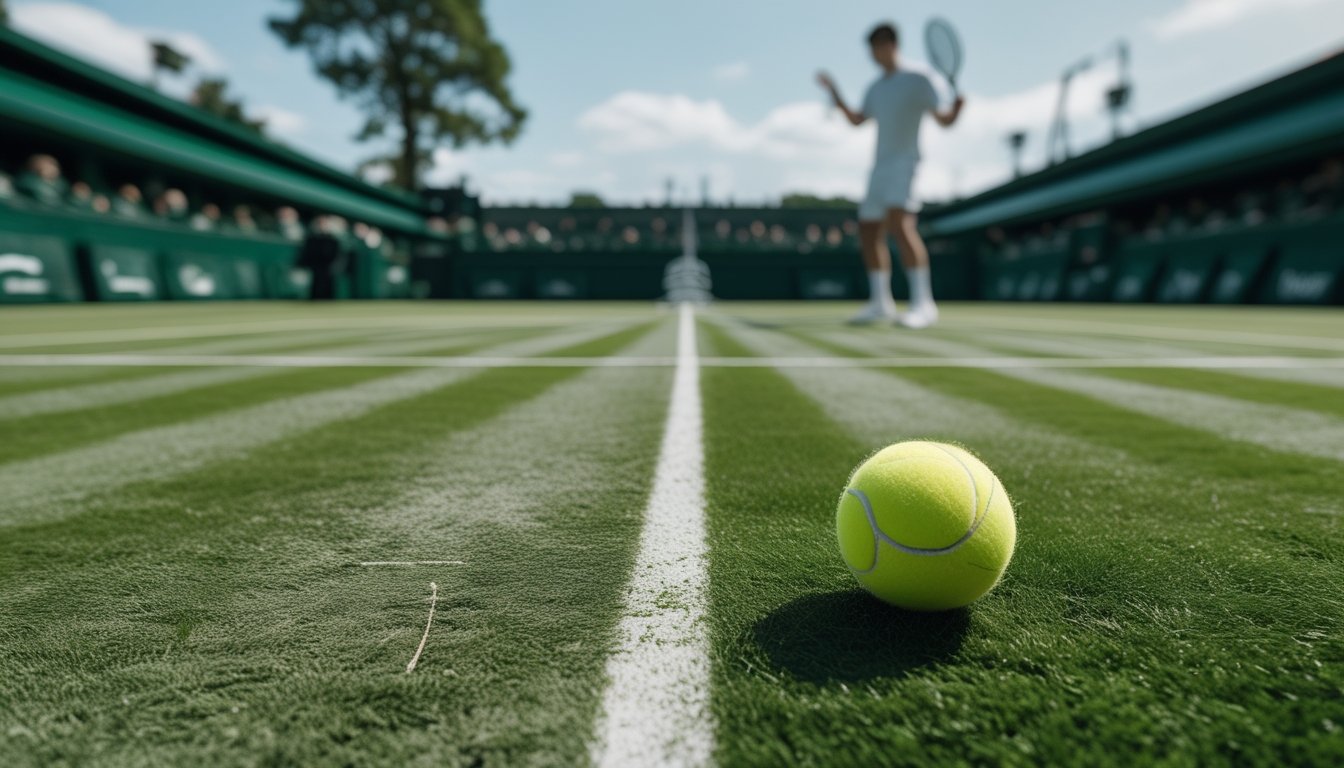 Pemain tenis bersiap mengembalikan bola di lapangan rumput Wimbledon.