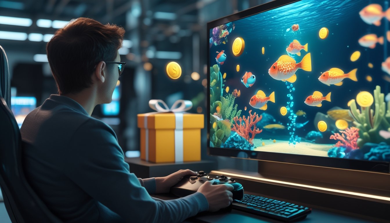 Seseorang bermain game tembak ikan dengan hadiah bercahaya di layar.