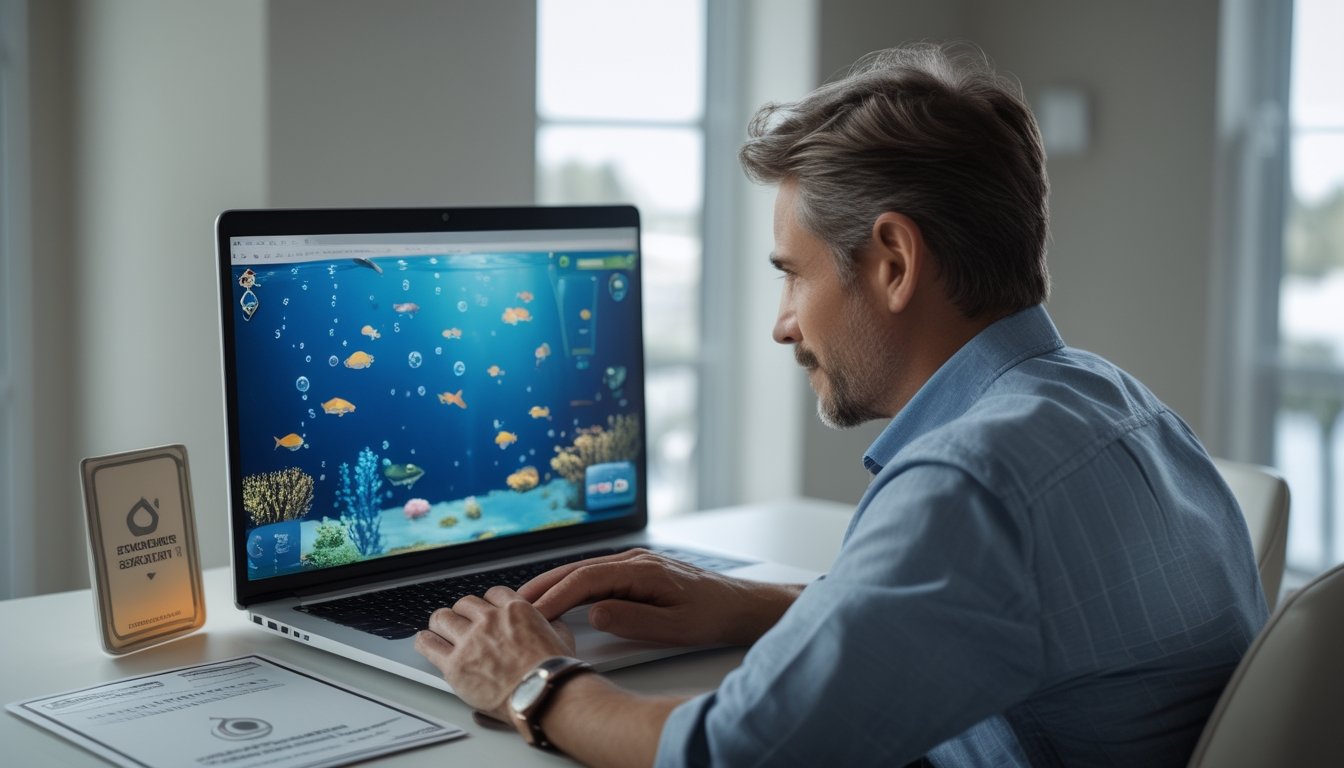Seseorang melihat permainan memancing bawah laut di laptop, dengan dokumen dan ikon perisai di meja.