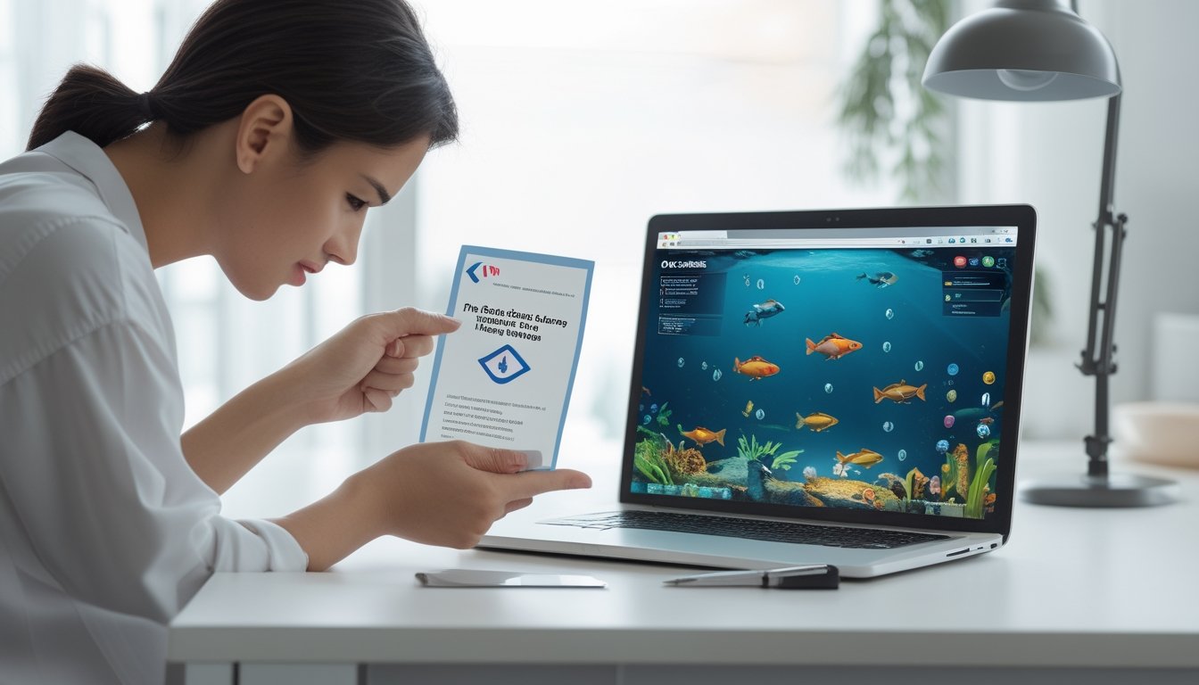 Seseorang memeriksa situs permainan tembak ikan di laptop dengan dokumen lisensi dan kaca pembesar di meja.