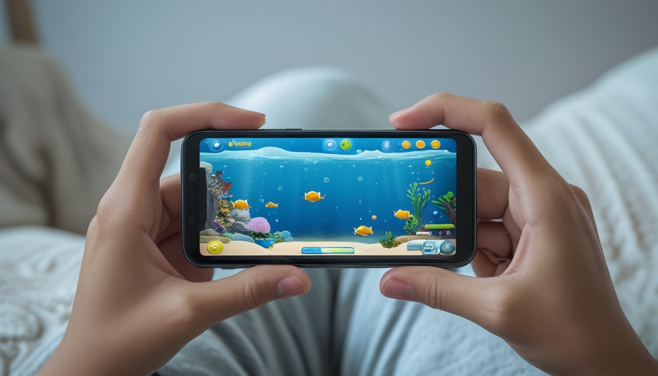 Seseorang memainkan game ikan di ponsel.