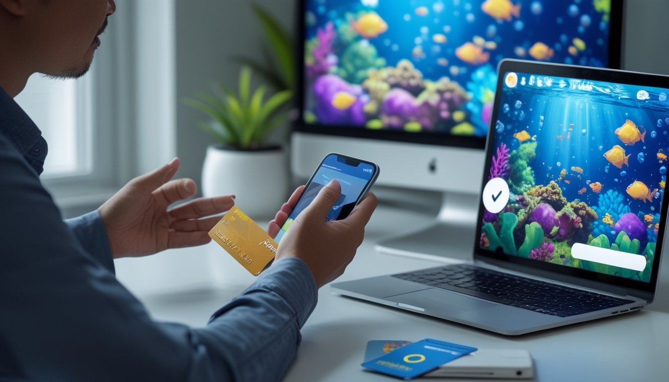 Seseorang menggunakan ponsel untuk melakukan pembayaran sambil melihat permainan tembak ikan di laptop.