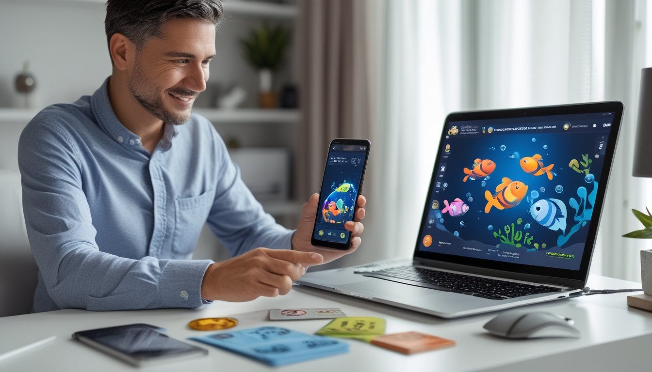 Seseorang memainkan permainan ikan di ponsel dengan laptop di dekatnya.
