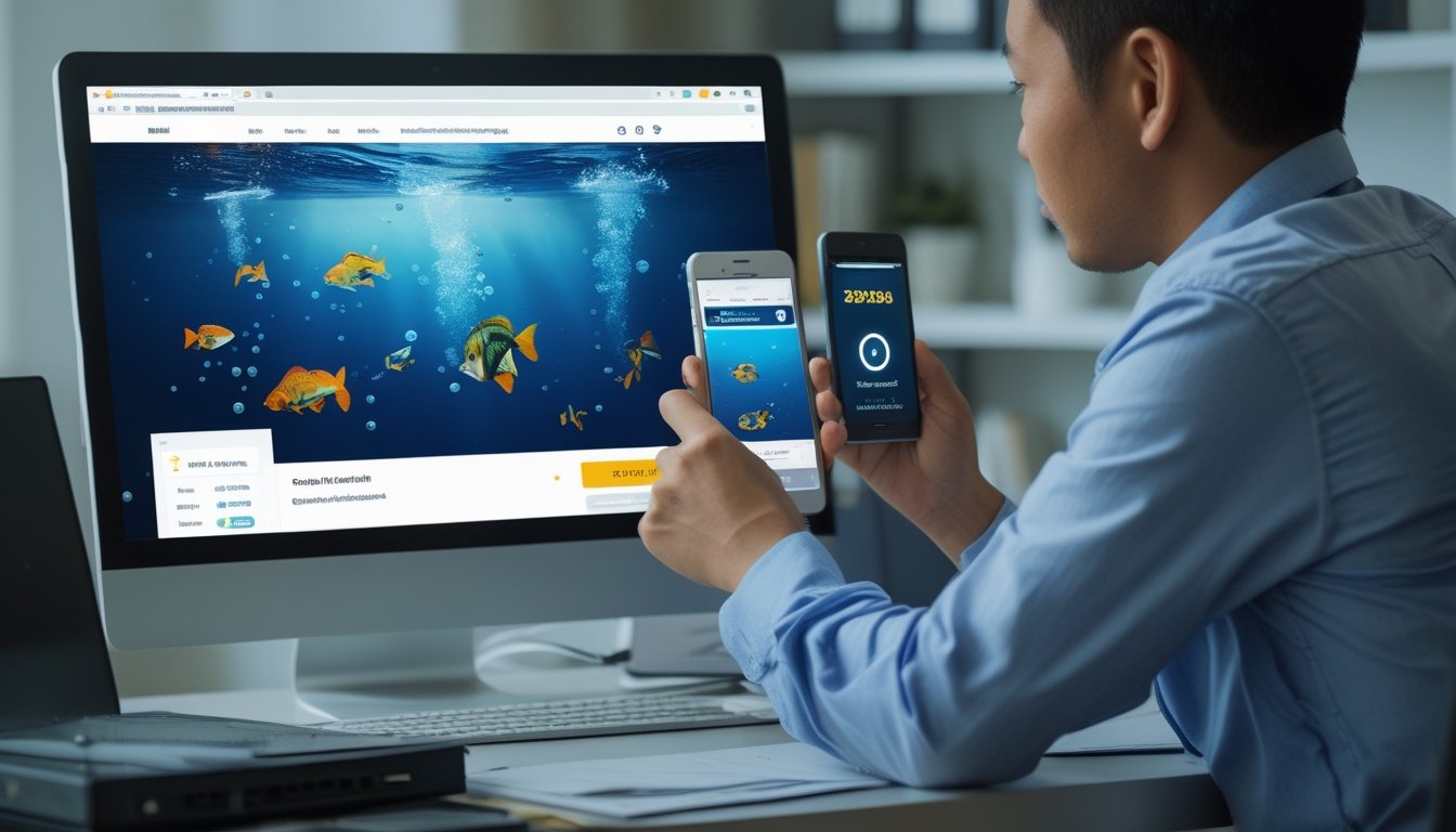 Seseorang memeriksa situs permainan memancing di laptop sambil melihat keamanan akun melalui ponsel.