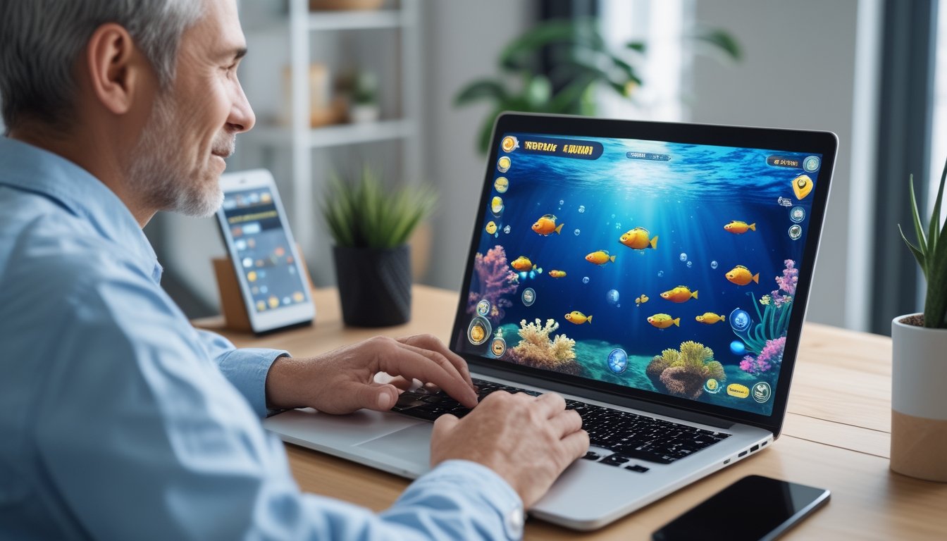 Seseorang menggunakan laptop untuk memainkan game tembak ikan dengan ponsel di dekatnya.