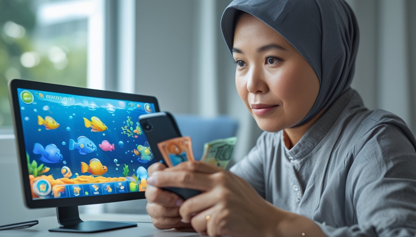 Seseorang mempelajari permainan ikan di ponsel dengan uang rupiah di meja.