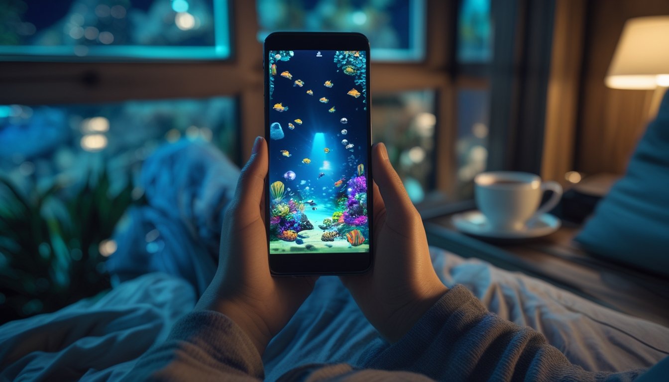 Seseorang bermain permainan ikan di ponsel di rumah pada malam hari.