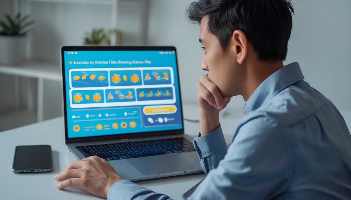 Seseorang memeriksa permainan tembak ikan di laptop dengan ponsel di dekatnya.