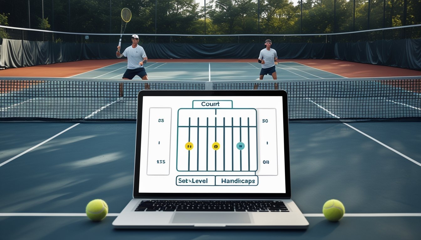 Dua pemain tenis bertanding di lapangan, dengan perangkat menampilkan diagram pertandingan sederhana.